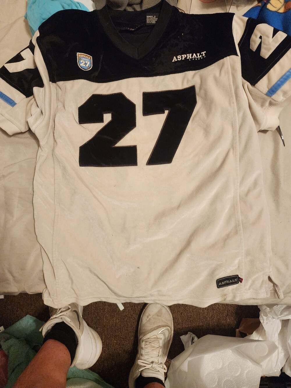 Asphalt Legend Men's #27 Velour Football Jersey, Ivory and Black, Size Medium